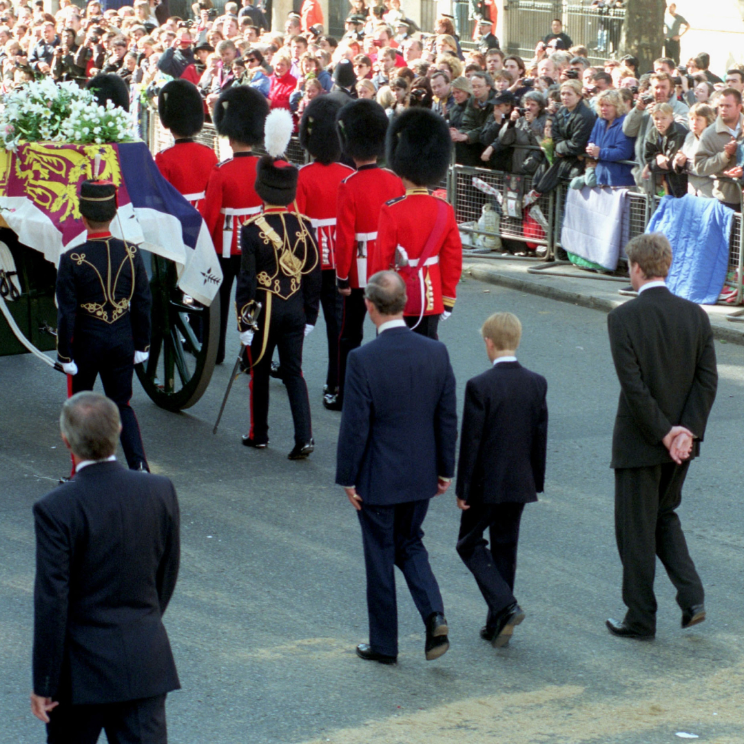 Prince William, Prince Philip, Prince Charles, Prince Harry and Earl Spencer walking behind Princess Diana's coffin